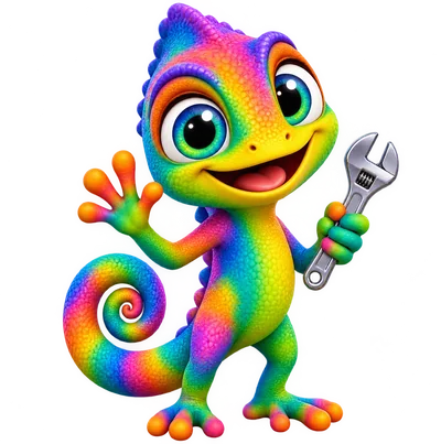Kroma, le caméléon d'Outilix, qui tient une calculatrice, un PDF et un QR code